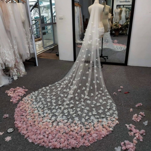 Custom cathedral veil with blush ombre 3D petals main image 15